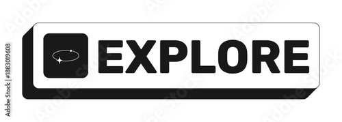 Explore rectangle UI web button. Discovery feature. Browsing functionality. Site exploration. Navigation. Black and white clickable bold element. CTA for social media, streaming. Rubik font used