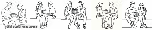 line art of couple sitting together giving gifts on valentine's day