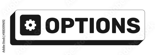 Options rectangle UI web button. Customizable settings. Adjust preferences. Configuration tool. User controls. Black and white clickable bold element. CTA for social media, streaming. Rubik font used
