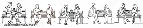 line art of couple sitting on bench park giving gifts on valentine's day