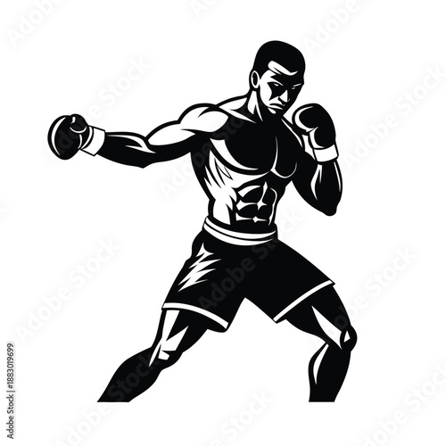 Black Silhouette Athlete Boxer,Boxing silhouette art fighter in stance gloves hanging Athlete shadow fitness fight vector art