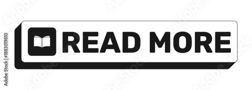 Read more rectangle UI web button. Access additional written content. Extended information. Article preview. Black and white clickable bold element. CTA for social media, streaming. Rubik font used