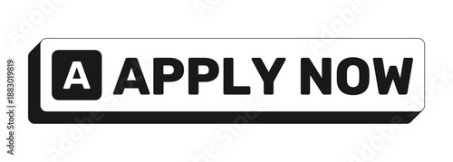 Apply now rectangle UI web button. Application submission. User enrollment subscription. Job portal. Black and white clickable bold element. CTA for social media, streaming. Rubik font used