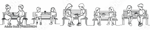 line art of little friend sitting on bench park giving gifts