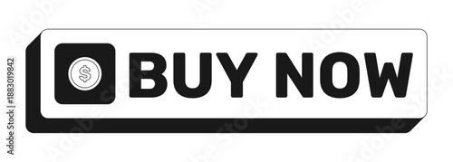 Buy now rectangle UI web button. Immediate purchase. Online transaction. Product instant checkout. Ecommerce. Black and white clickable bold element. CTA for social media, streaming. Rubik font used