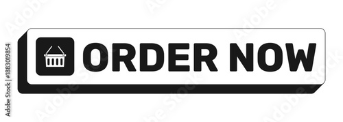 Order now rectangle UI web button. Online checkout. Product ecommerce. Quick buy item. Place purchase. Black and white clickable bold element. CTA for social media, streaming. Rubik font used