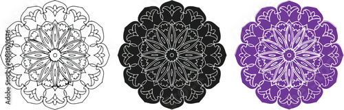 Collection of three intricate mandalas black and white line art and solid purple vector designs perfect for spiritual or decorative use