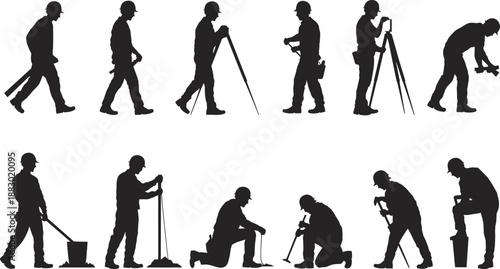 Silhouette sequence of construction workers showing evolution of labor tasks, manual skills, teamwork, and industrial work process isolated on white background illustration