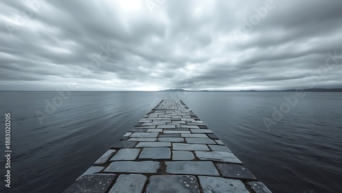 starless. An empty stone dock extending into a vast gray water under overcast sky. travel magazines, destination branding, designed for travel destination branding, elevates destination branding.