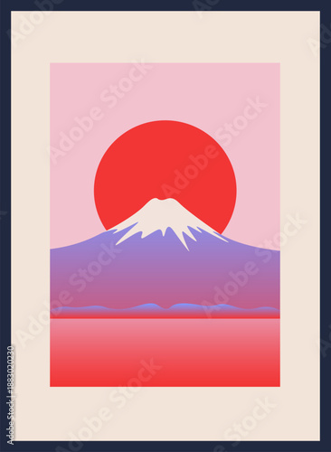 Minimalist abstract landscape with Mount Fuji silhouette, red sun, and soft pastel gradients. Modern flat vector illustration inspired by Japanese aesthetics. Poster and vertical banner
