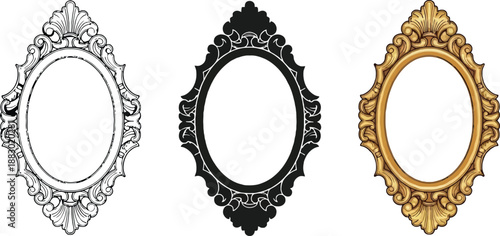 Collection of ornate oval frames in vintage baroque style decorative elements for design isolated on white background