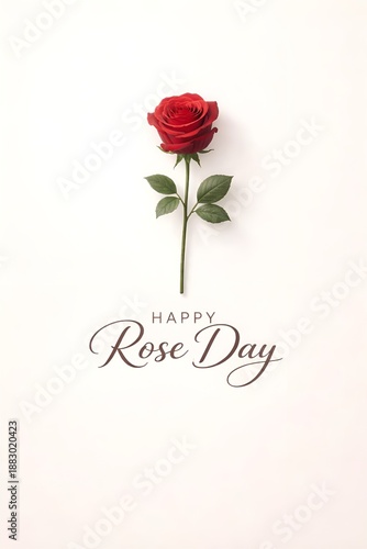 A single red rose on a white background with Happy Rose Day text