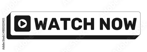 Watch now rectangle UI web button. Prompt to instant view video, livestream. Media play. Live stream. Black and white clickable bold element. CTA for social media, streaming. Rubik font used