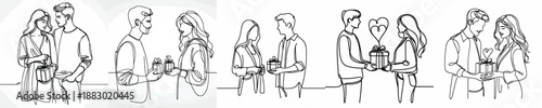 line art of couple giving gifts on valentine's day