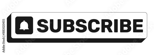 Subscribe rectangle UI web button. Follow channel. New content instant alert. Stay updated. Viewer action. Black and white clickable bold element. CTA for social media, streaming. Rubik font used