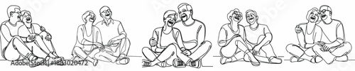 line art of an old couple sitting joking together laughing
