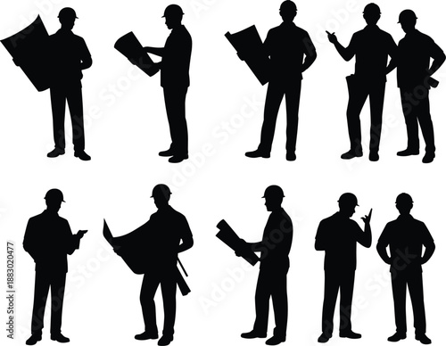 Silhouettes of architects and engineers holding blueprints, professional construction team planning building projects, isolated black figures representing architecture, engineering, teamwork, and 