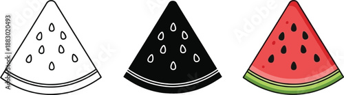 Collection of watermelon slice icons featuring outline silhouette and full color designs for summer themes isolated on white