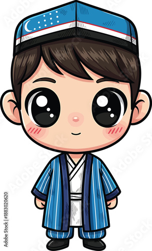 Uzbek boy in traditional clothing cartoon illustration, culture, chibi style