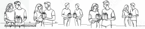 line art of couple giving gifts on valentine's day