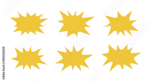 Set of six yellow comic speech bubbles or starburst explosion icons. Vibrant pop art style vector elements perfect for retail sales, discount labels, action scenes, and promotional marketing.