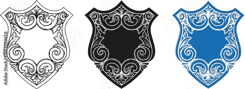 Ornate shield emblems in black white and blue decorative crests with vintage scrollwork for design elements