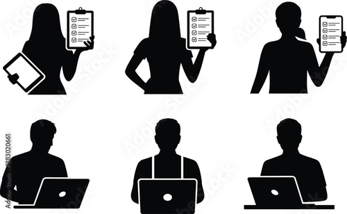 Silhouettes of diverse business professionals using laptops, smartphones, and clipboards, representing online surveys, digital communication, remote work, teamwork, data collection,