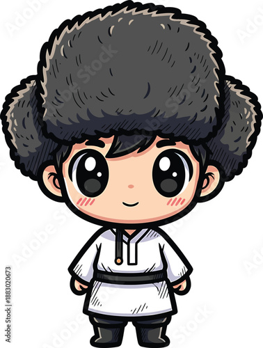 Cute Chibi Boy Wearing Traditional Fur Hat and White Kimono Style Outfit