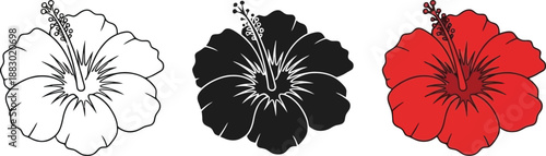 Collection of hibiscus flower icons in outline silhouette and color vector styles perfect for tropical design and summer themes