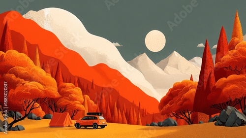 Family camping in scenic mountains with lush hills and a parked car, ideal for outdoor adventure content