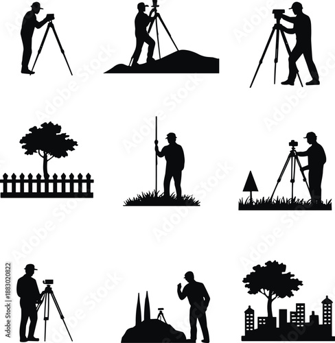 Surveyor silhouettes set with tripod and measuring equipment, land surveying icons collection showing outdoor mapping, construction planning, engineering work, and geodetic measurement concepts