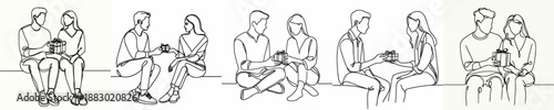 line art of couple sitting together giving gifts on valentine's day