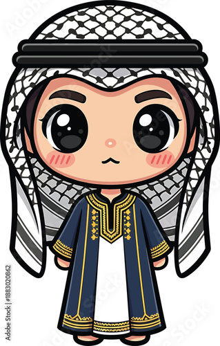 Cute Cartoon Arab Boy in Traditional Thobe and Keffiyeh, Kawaii Style
