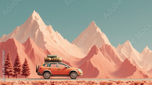 Family car loaded with camping equipment on a minimalist mountain road, great for travel and exploration