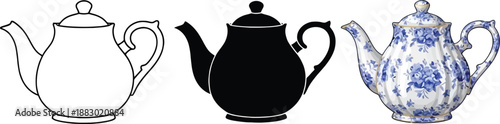 Collection of three teapots including a line drawing a silhouette and a floral patterned ceramic isolated on white background