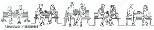 line art of couple sitting on bench park giving gifts on valentine's day