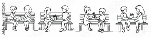 line art of little friend sitting on bench park giving gifts