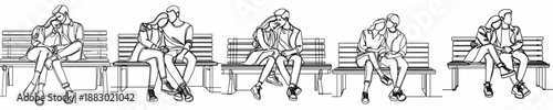 line art of a couple embracing intimately on a park bench