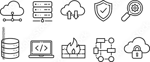 Cloud analytics and monitoring icons set. Data analysis, security, performance and cloud services outline symbols