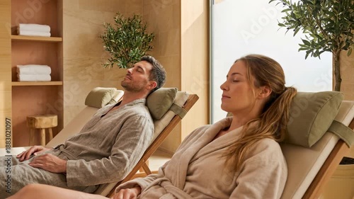 Couple relaxing at a luxury spa resort in bathrobes. Man and woman resting with eyes closed on lounge chairs. Wellness and health concept