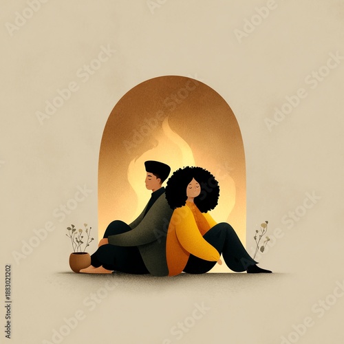 Cozy Multiracial Couple Sharing Intimate Moment by Warm Fireplace in Minimalist Home Setting