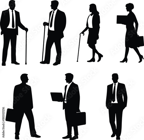 Black business people silhouettes set showing male and female professionals walking, standing and working with briefcases, laptops and canes, isolated on white background