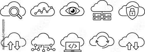 Cloud analytics and monitoring icons set. Data analysis, security, performance and cloud services outline symbols