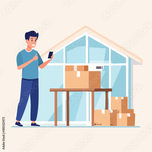 Home-based small business owner confirming delivery details on smartphone with packages nearby