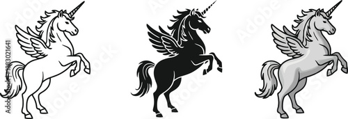 Collection of winged unicorn illustrations including outline silhouette and grayscale versions perfect for fantasy designs and mythical themes