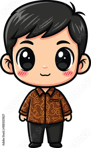 Cute Indonesian Boy in Batik Shirt - Cartoon Style