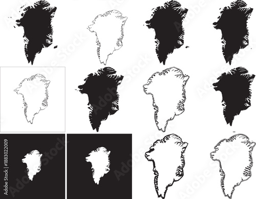 Detailed black silhouette map of greenland island territory with detailed geographic contours and outlines
