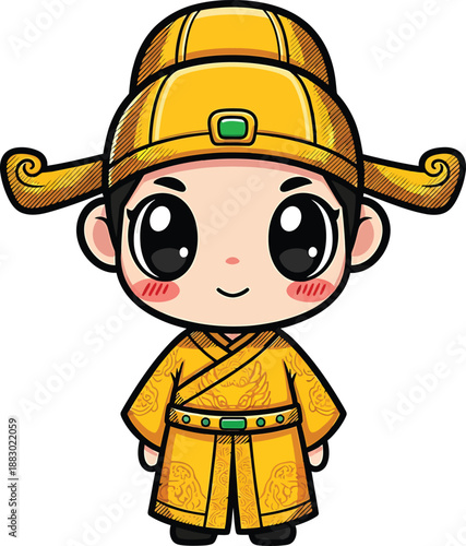 Cute Chibi Emperor in Traditional Yellow Robe and Hat, Cartoon Style