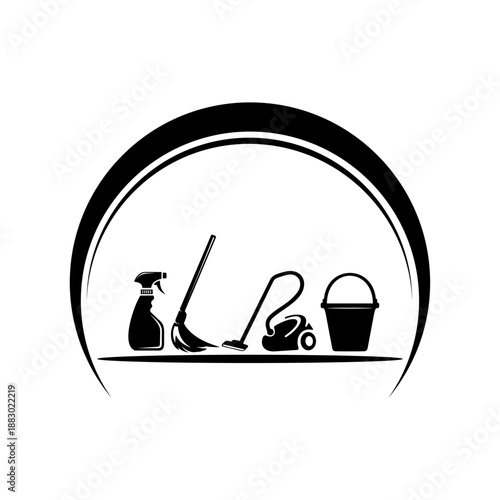 Vector logo design of bucket, vacuum cleaner, spray bottle and broom for cleaning services.