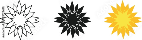 Collection of starburst icons in outline black and yellow representing sun or abstract shapes for design elements